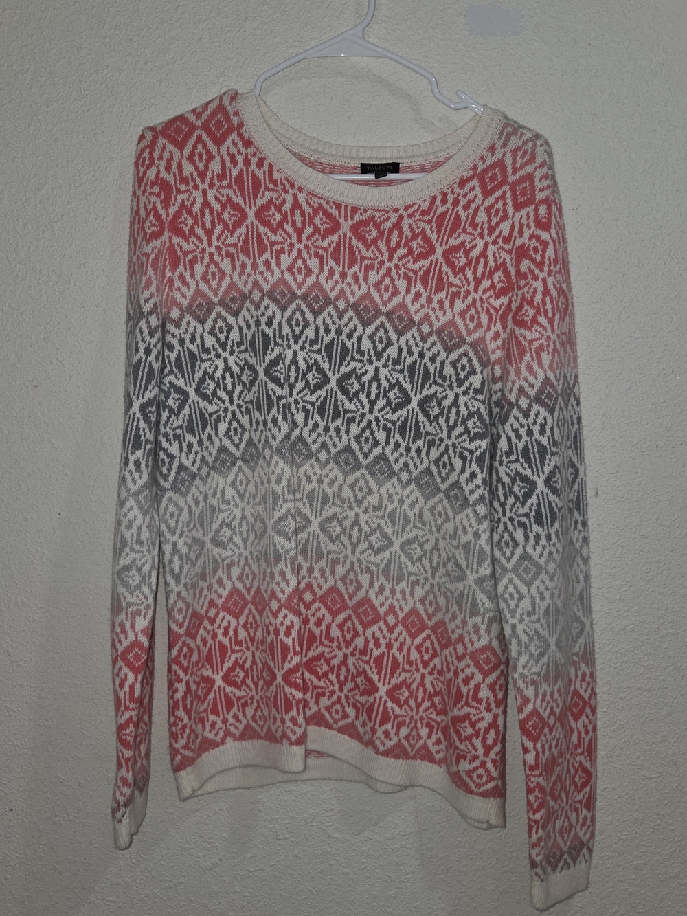 Talbots Cream and Coral Fair Isle Crewneck Sweater